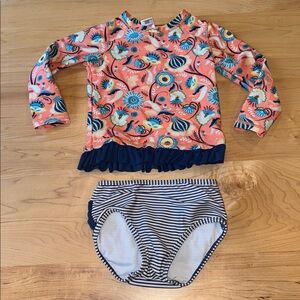 Ruffle Butts Orange Paisley and Blue Stripe Swim Set 3T Floral Swim
